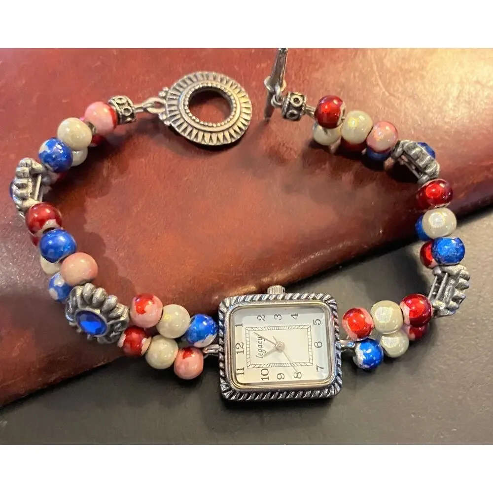 Women's 20mm Silver Tone Legacy Watch, Beaded and Crystal Bracelet Band